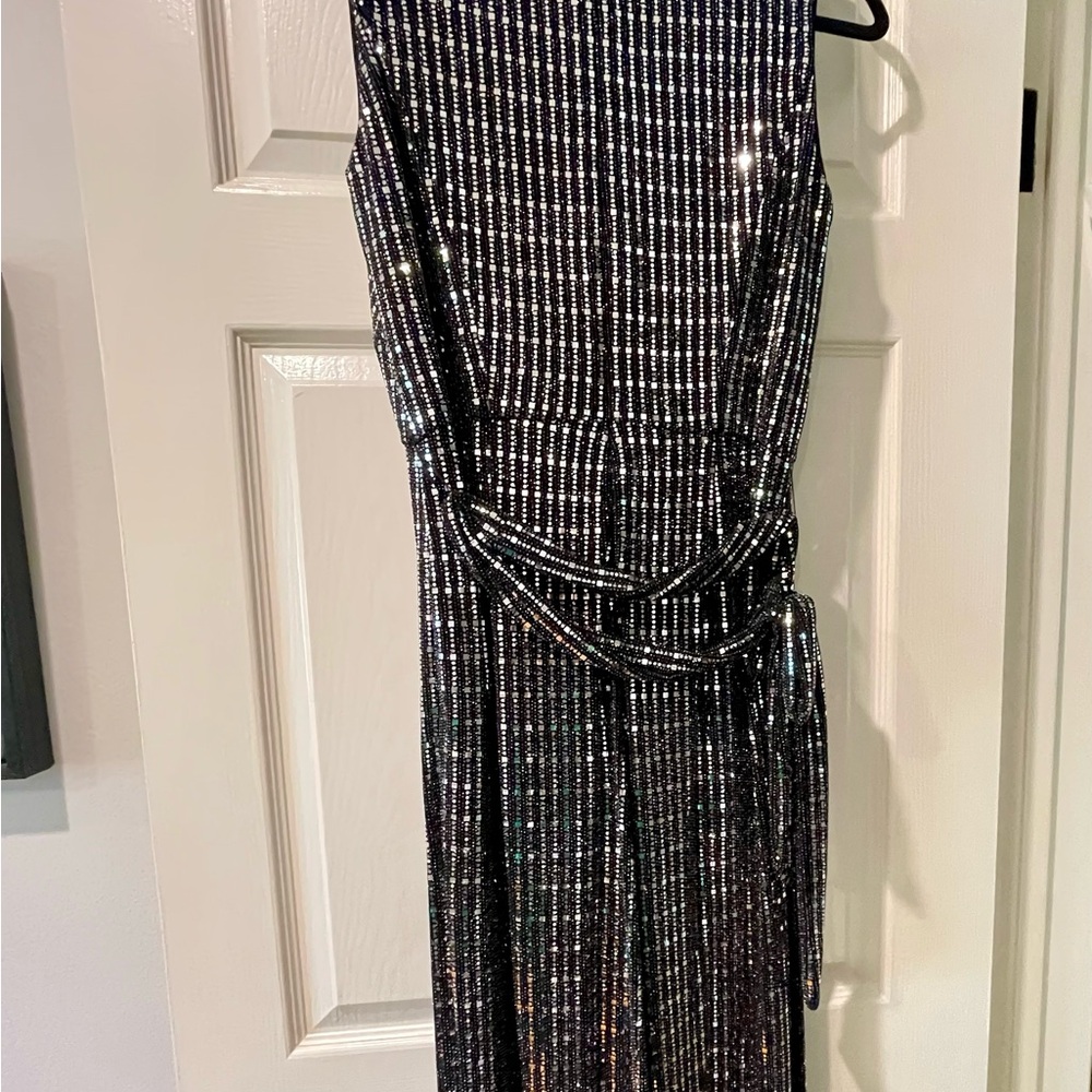 Donna Ricco Black Sequin Maxi Dress with Waist Tie